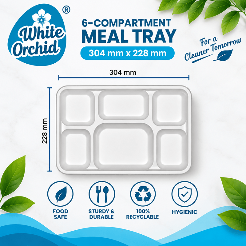 Bagasse 6 Compartment Meal Tray manufacturer and exporter in Ahmedabad India - White Orchid close up