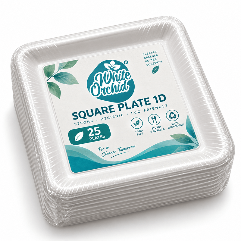 Bagasse Square Plate 1D Tray manufacturer and exporter in Ahmedabad India - White Orchid pack view