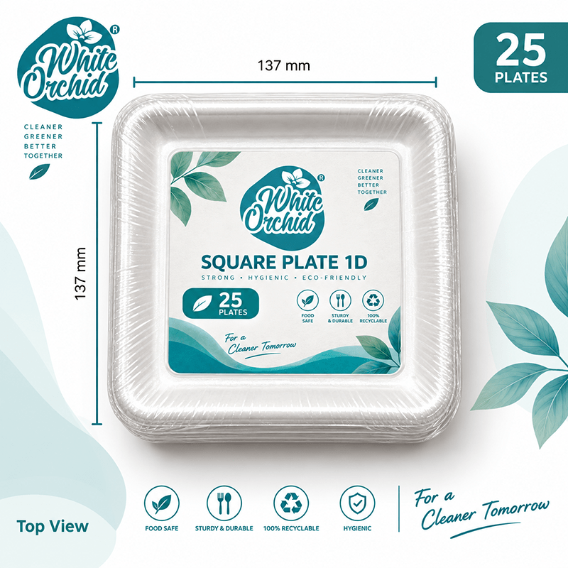 Bagasse Square Plate 1D Tray manufacturer and exporter in Ahmedabad India - White Orchid close up