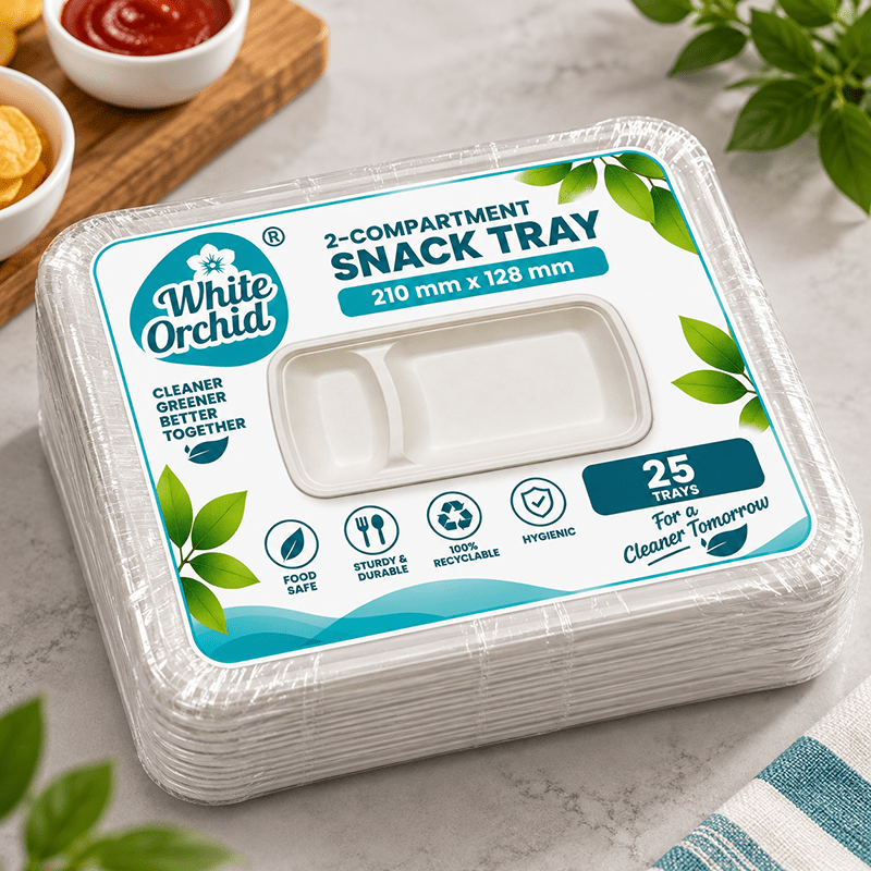 Bagasse 2 Compartment Snack Tray manufacturer and exporter in Ahmedabad India - White Orchid pack view