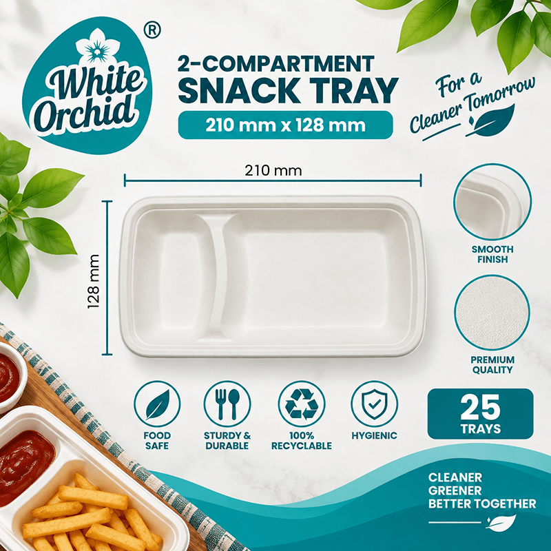 Bagasse 2 Compartment Snack Tray manufacturer and exporter in Ahmedabad India - White Orchid close up