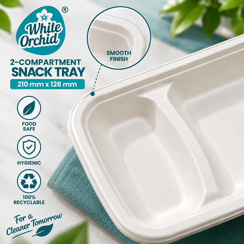 Bagasse 2 Compartment Snack Tray manufacturer and exporter in Ahmedabad India - White Orchid bulk packing