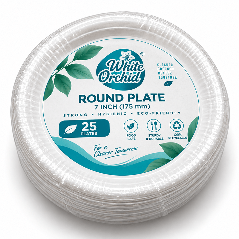 Bagasse Round Plate 7 Inch manufacturer and exporter in Ahmedabad India - White Orchid pack view