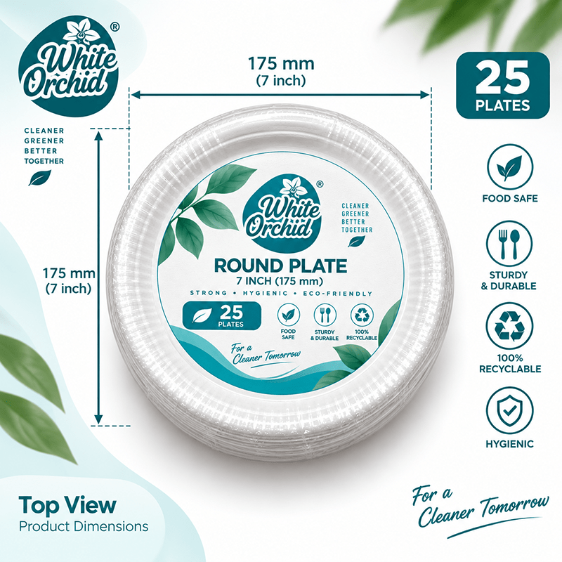 Bagasse Round Plate 7 Inch manufacturer and exporter in Ahmedabad India - White Orchid close up