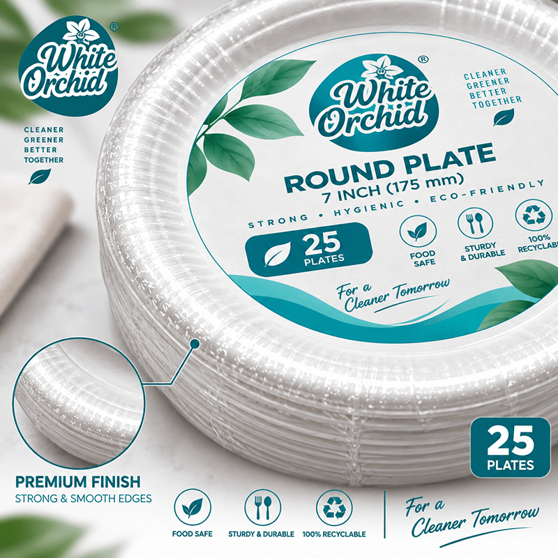 Bagasse Round Plate 7 Inch manufacturer and exporter in Ahmedabad India - White Orchid bulk packing