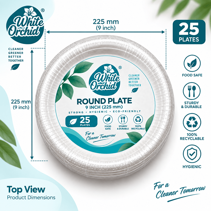 Bagasse Round Plate 9 Inch manufacturer and exporter in Ahmedabad India - White Orchid close up