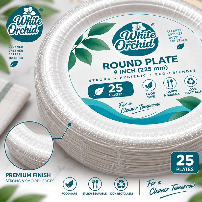 Bagasse Round Plate 9 Inch manufacturer and exporter in Ahmedabad India - White Orchid bulk packing