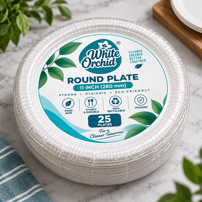 Bagasse Round Plate 11 Inch manufacturer and exporter in Ahmedabad India - White Orchid pack view