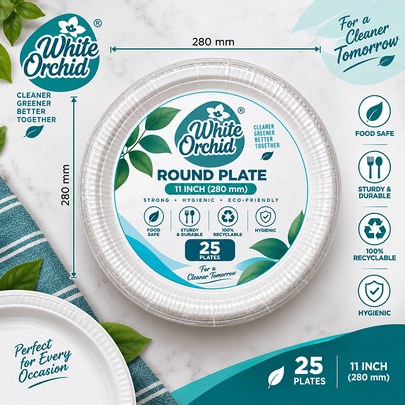 Bagasse Round Plate 11 Inch manufacturer and exporter in Ahmedabad India - White Orchid close up