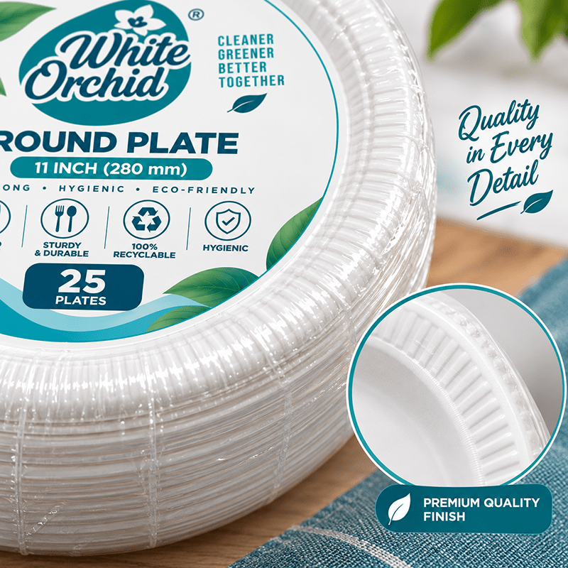 Bagasse Round Plate 11 Inch manufacturer and exporter in Ahmedabad India - White Orchid bulk packing