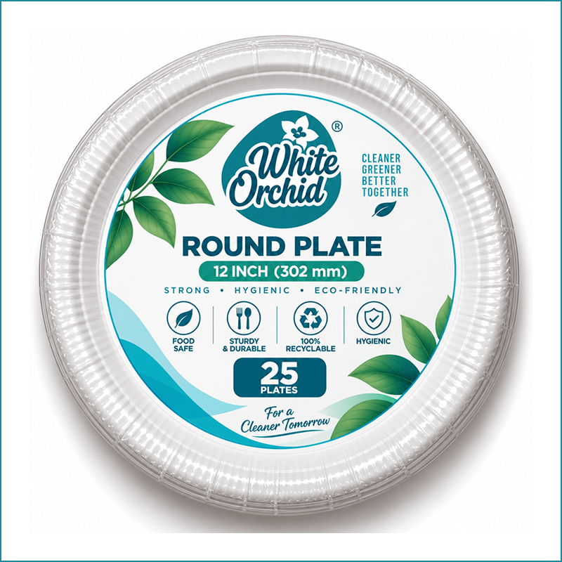 Manufacturer Exporter of Bagasse Round Plate 12 Inch in Ahmedabad - India