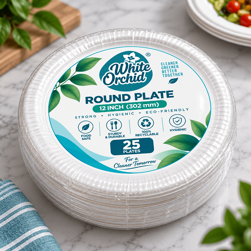 Bagasse Round Plate 12 Inch manufacturer and exporter in Ahmedabad India - White Orchid pack view