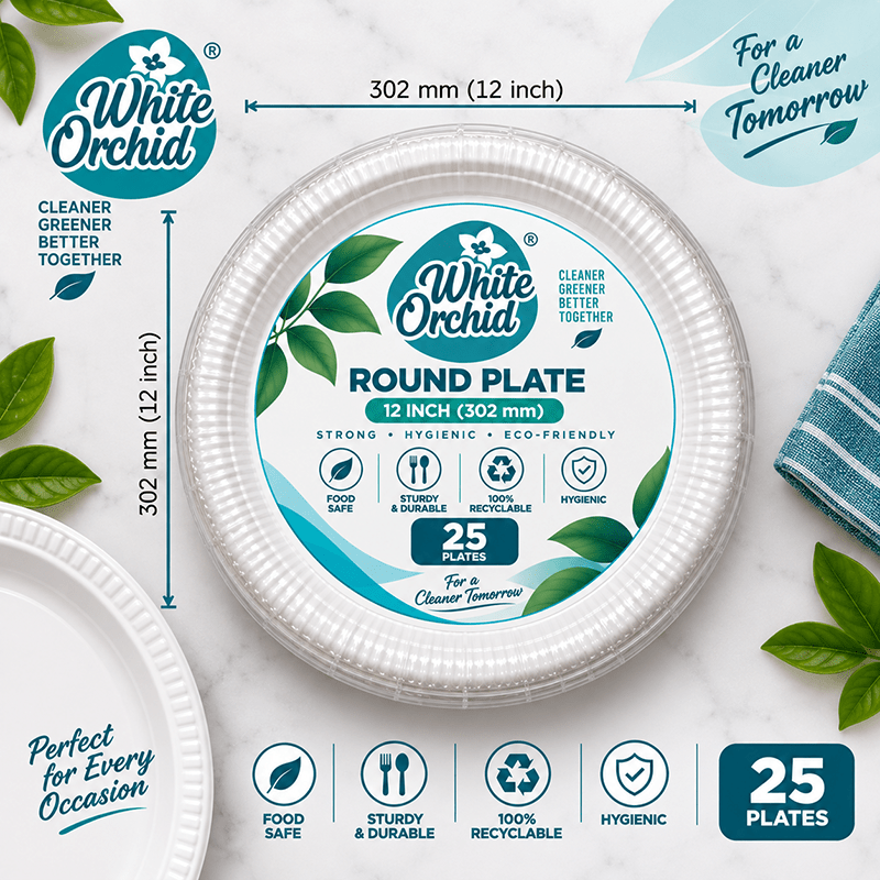 Bagasse Round Plate 12 Inch manufacturer and exporter in Ahmedabad India - White Orchid close up