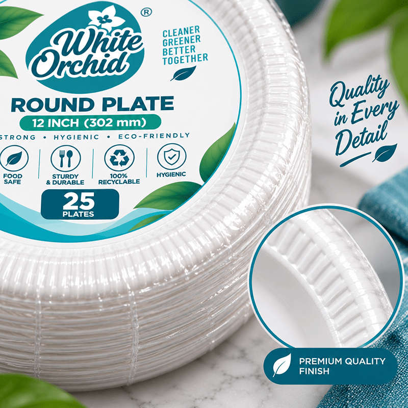 Bagasse Round Plate 12 Inch manufacturer and exporter in Ahmedabad India - White Orchid bulk packing