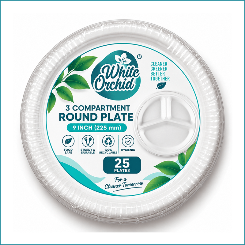 Manufacturer Exporter of Bagasse 3 Compartment Round Plate 9 Inch in Ahmedabad - India