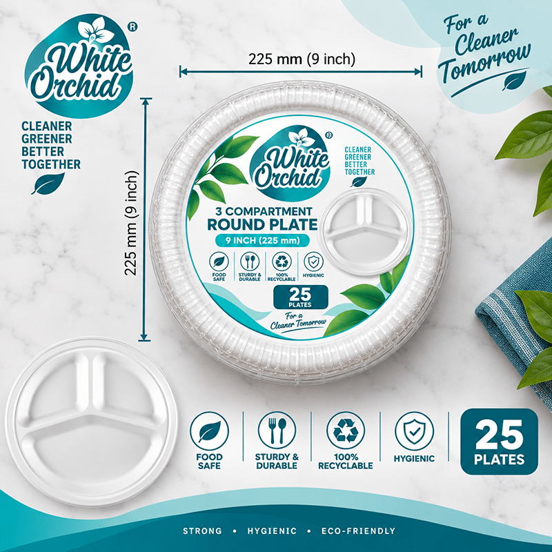 Bagasse 3 Compartment Round Plate 9 Inch manufacturer and exporter in Ahmedabad India - White Orchid close up