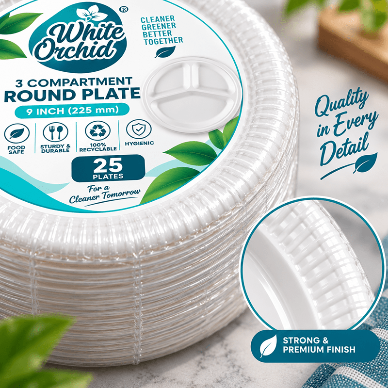Bagasse 3 Compartment Round Plate 9 Inch manufacturer and exporter in Ahmedabad India - White Orchid bulk packing