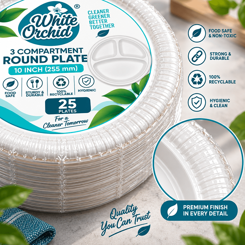 Bagasse 3 Compartment Round Plate 10 Inch manufacturer and exporter in Ahmedabad India - White Orchid bulk packing