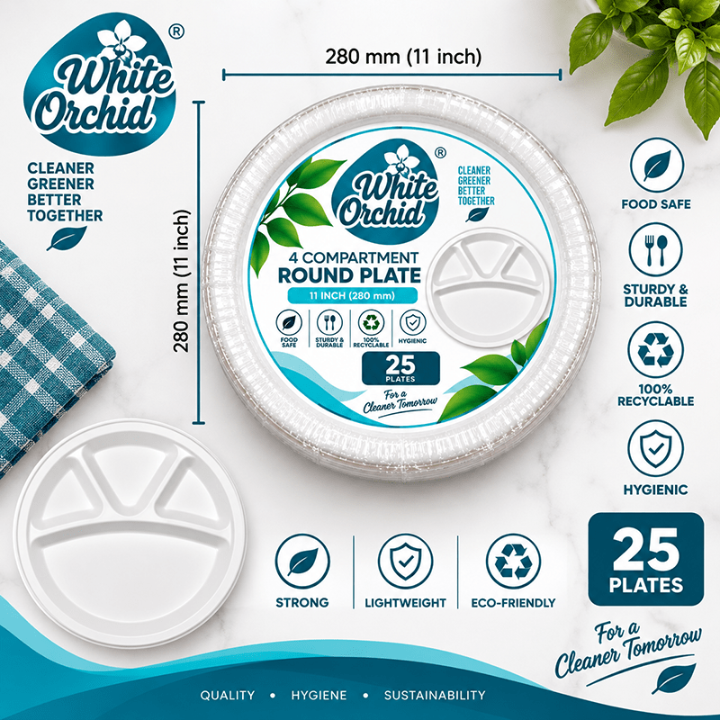 Bagasse 4 Compartment Round Plate 11 Inch manufacturer and exporter in Ahmedabad India - White Orchid close up