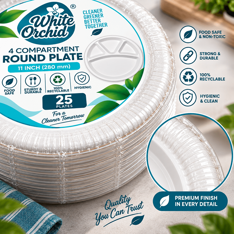 Bagasse 4 Compartment Round Plate 11 Inch manufacturer and exporter in Ahmedabad India - White Orchid bulk packing