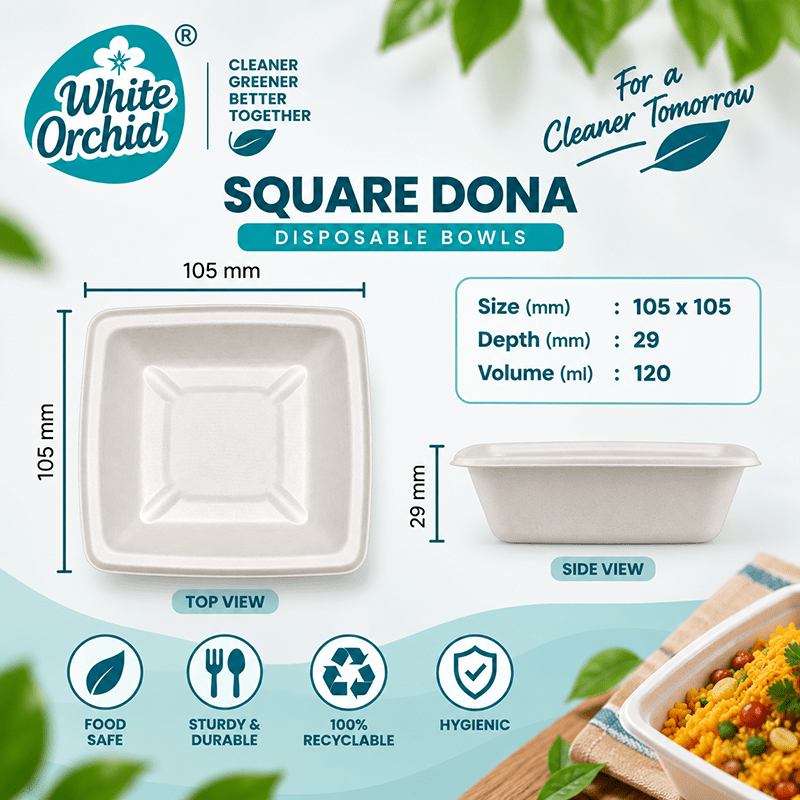 Bagasse Square Bowl 120 ml manufacturer and exporter in Ahmedabad India - White Orchid close up