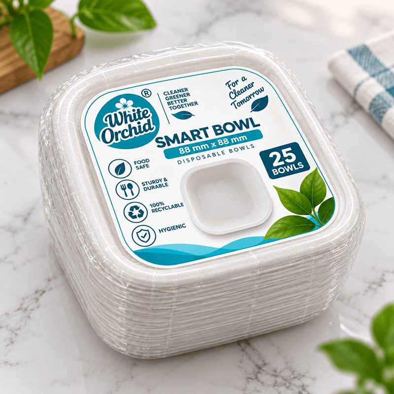 Bagasse Smart Bowl 120 ml manufacturer and exporter in Ahmedabad India - White Orchid pack view