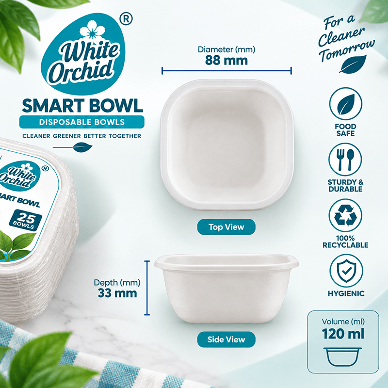 Bagasse Smart Bowl 120 ml manufacturer and exporter in Ahmedabad India - White Orchid close up