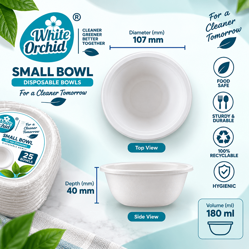 Bagasse Small Bowl 180 ml manufacturer and exporter in Ahmedabad India - White Orchid close up