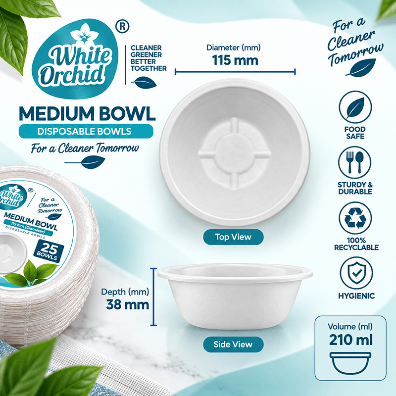 Bagasse Medium Bowl 210 ml manufacturer and exporter in Ahmedabad India - White Orchid close up