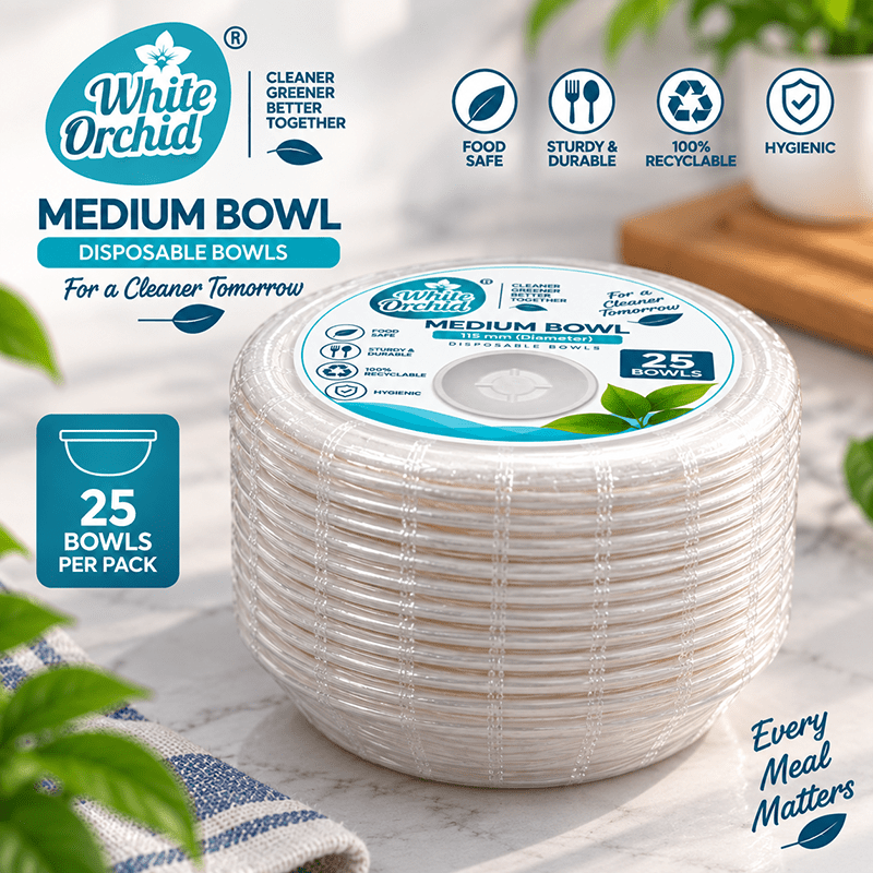 Bagasse Medium Bowl 210 ml manufacturer and exporter in Ahmedabad India - White Orchid bulk packing