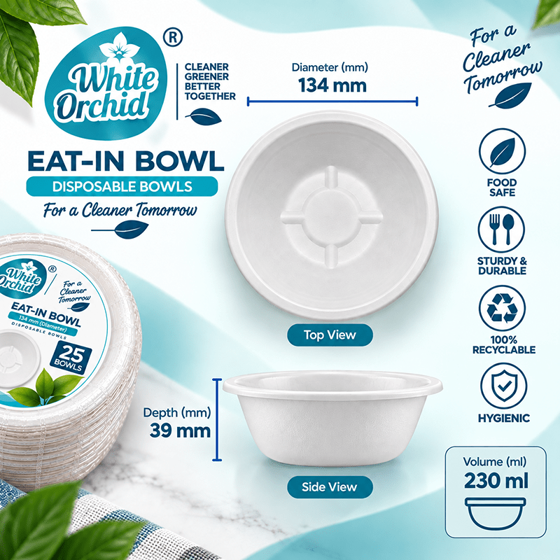 Bagasse Eat-In Bowl 230 ml manufacturer and exporter in Ahmedabad India - White Orchid close up