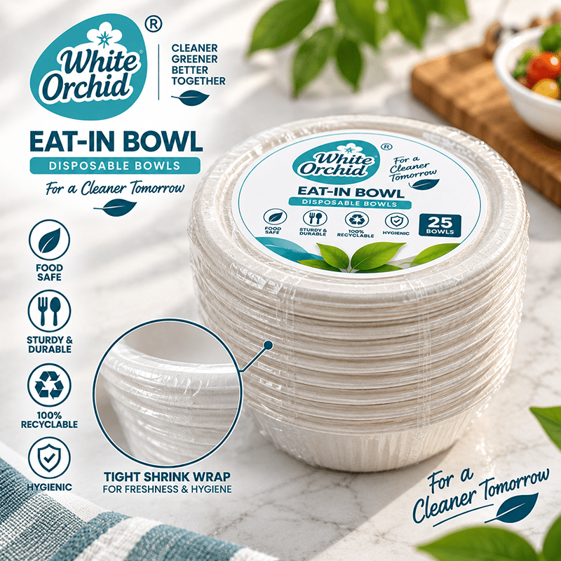 Bagasse Eat-In Bowl 230 ml manufacturer and exporter in Ahmedabad India - White Orchid bulk packing