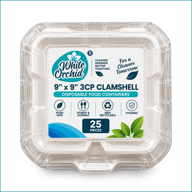 Manufacturer Exporter of Bagasse Clamshell 9 x 9 Inch 3 Compartment in Ahmedabad - India