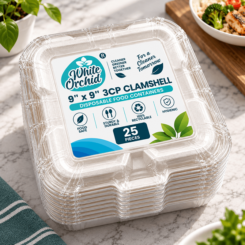 Bagasse Clamshell 9 x 9 Inch 3 Compartment manufacturer and exporter in Ahmedabad India - White Orchid pack view