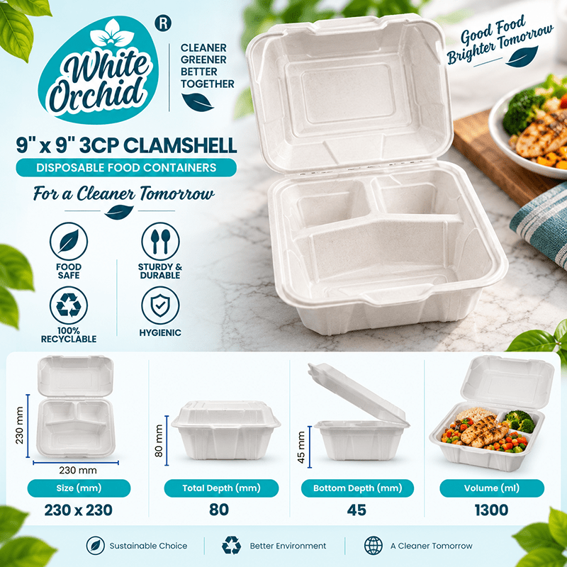 Bagasse Clamshell 9 x 9 Inch 3 Compartment manufacturer and exporter in Ahmedabad India - White Orchid close up