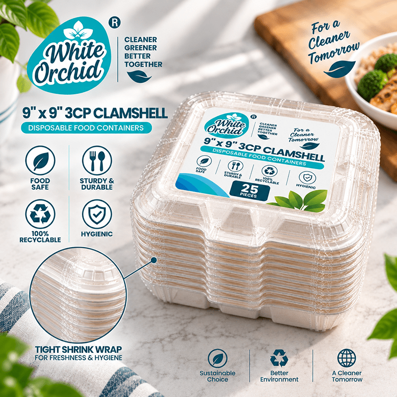 Bagasse Clamshell 9 x 9 Inch 3 Compartment manufacturer and exporter in Ahmedabad India - White Orchid bulk packing